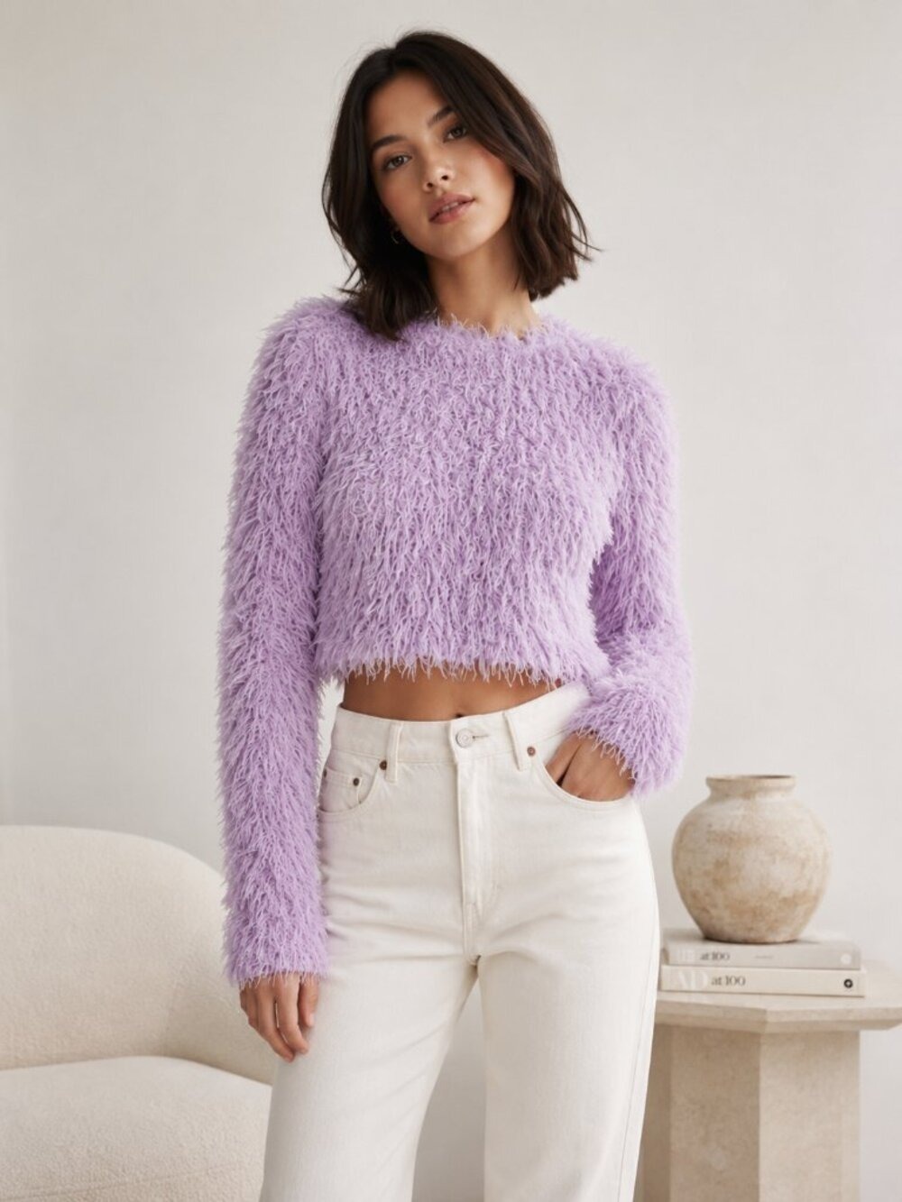 *Zara Lilac Faux Fur Crop Sweater Crewneck Plush Fuzzy Top Cozy Knit S 0537